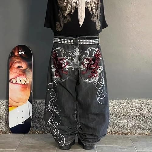 Sudiup Men's Jeans with Gothic Embroidered Print, Loose Wide Leg Casual Straight Leg Versatile Wide Leg Pants thumbnail 3