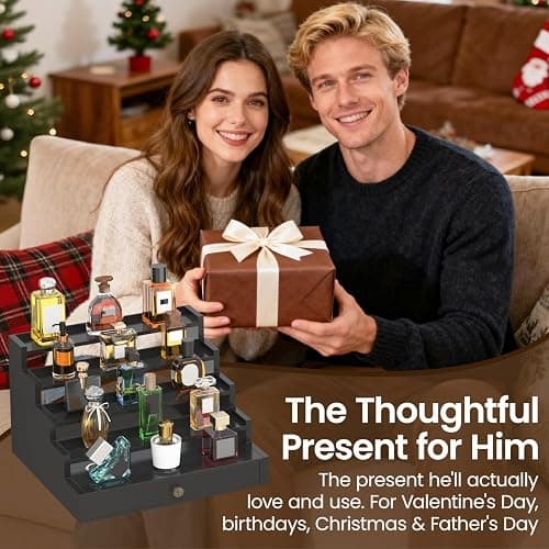 MODOWEY Perfume Organizer Cologne Holder Stand for Men, Wooden Wide-Spaced Shelf with Drawer, 5 Tier Large Capacity Storage Rack for Dresser Countertop, for a Neat, Accessible Fragrance Display, Black thumbnail 2