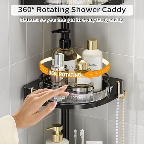 shuang qing 360° Rotating Corner Shower Caddy Tension Pole Organizer - 4-Tier Adjustable Rustproof Metal Pole, Plastic Shelves with Safety Guardrail, Bathroom Storage for Shower & Bathtub(Black) thumbnail 3