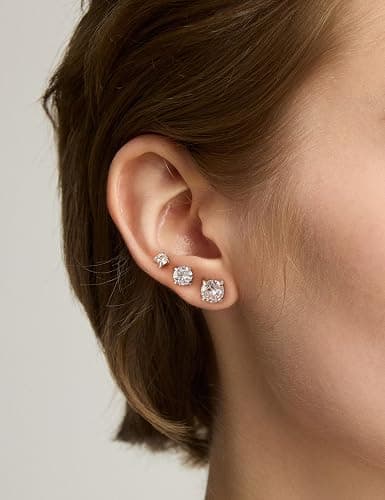 6 Pairs Stud Earrings Set, Hypoallergenic Cubic Zirconia 316L Earrings Stainless Steel CZ Earrings 3-8mm (Steel color) thumbnail 3
