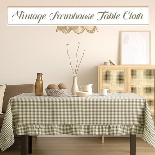 Mindsoft Sage Green Gingham Ruffled Tablecloth,52 x 70 Inches,Rectangle | Decorative Checkered Plaid Table Cloth, Washable Cotton Linen, Vintage Farmhouse Table Cover for Picnics Dining Party Decor thumbnail 7