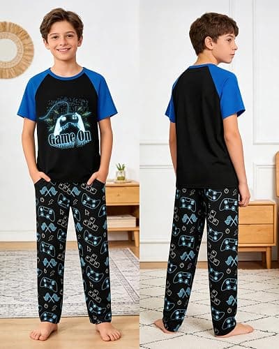 Fiodrimy Boys Pajamas Little Big Boys Short Sleeves and Pants Pajamas 2-Piece Pjs Set Kids Sleepwear Size 8-14 thumbnail 2