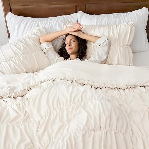 Andency Ruched Beige Full Size Comforter Sets, Shabby Chic Pleatd Bedding Sets 3 Pieces, Lightweight Soft Boho Ruffle Bed Set for Girls, Kids, Women, All Season thumbnail 3