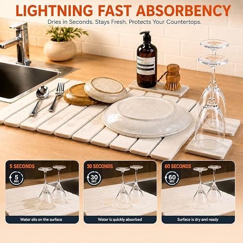 6-Pack Large Stone Dish Drying Mat for Kitchen Counter 23”x15” - Quick-Dry Absorbent Diatomaceous Earth Mat Set - Stone Faucet Mat 4"x23" + 3 Stone Trays 4"x8", 4"x4"+ Bamboo Palm Brush (White) thumbnail 7