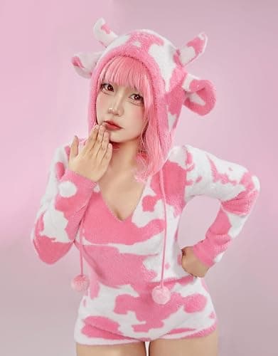 Mobbunny Women's Fuzzy Knit Sweater Pajamas Pink Cow Print Jumpsuit Fluffy Hooded Romper Bodysuit Onesies Pajamas Adult - Large - Pink thumbnail 4