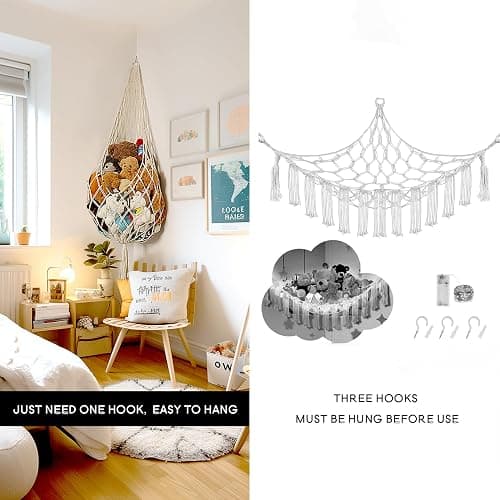 Amdermi Stuffed Animal Hammock Corner, Boho Macrame Plush Toy Storage Net for Wall, Hanging Stuffed Animal Holder for Nursery, Playroom, Kids Room, Cream thumbnail 4