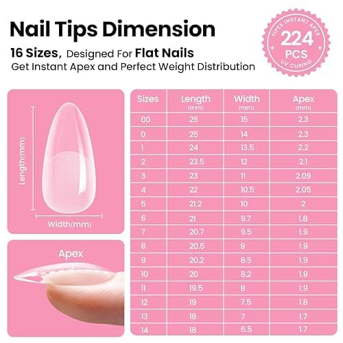Beetles Tipex Instant Apex Nail Tips Kit – Almond Medium, 224PCS 16 Sizes | Pre-Etched, Thick Full Cover Acrylic Tips with Tipex Nail Glue, Dehydrator, Primer, Base & Top Coat, Mini UV Lamp thumbnail 4