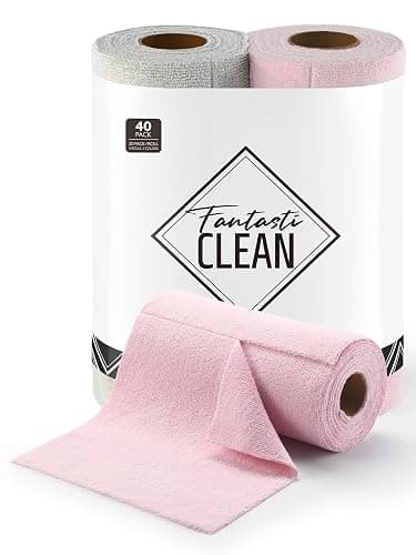Fantasticlean Mikrofaser Reinigungstuch Rolle - 20 Stück x 2, Abreißbare Putztücher mit 300 GSM, Wiederverwendbare Fusselfreie Lappen Geschirrtücher 25x25cm, Rosa & Kaltgrau - Image 1