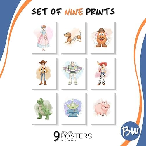 9 Pack Toy Story Nursery Decor, Buzz Lightyear Wall Art, Woody Cowboy Poster Character Watercolor Prints, Playroom Wall Decor, Space Ranger Prints, Unframed (8x10") thumbnail 3