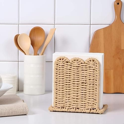 CubesLand Scalloped Edge Napkin Holder for Table Home Rustic Room Decor, Paper Rope Napkin Dispenser for Kitchen Countertop Dining Hotel, Cocktail Napkin Holder for Indoor & Outdoor Party, Beige thumbnail 4