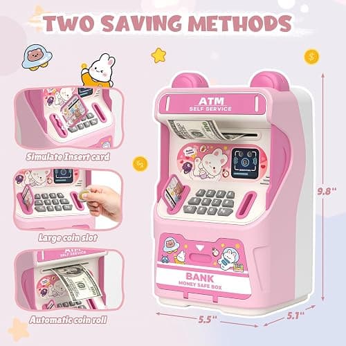 Rabbit ATM Piggy Bank for Girls with Automatic Bill Roller, Electronic Coin Bank with Simulated Card Slot & Facial Recognition, ATM Money Saving Box with Music Function for Kids(Pink) thumbnail 3