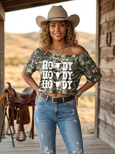 Women's Off The Shoulder Crop Top Short Sleeve Western Cowgirl Graphic Tees | Off The Shoulder Western Tops For Women, Retro Vintage Cow Skull Graphic T Shirt, Asymmetrical Y2k Loose Casual Tee Tops thumbnail 2