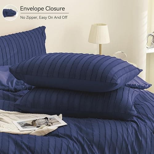 **JELLYMONI Duvet Cover Full Size Navy Blue - 3PCS Boho Striped Duvet Cover Set Polyester Tufted Bohemian Textured Comforter Cover with Corner Ties & Zipper Closure thumbnail 7