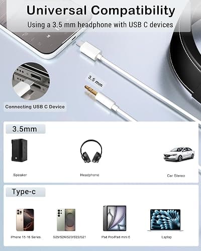 USB Type-C to 3.5mm Audio Adapter Cable, Aux Cord to USB C for 3.5mm Headphone Car Speaker Stereo Cord Compatible with iPhone 15 16, Galaxy S23 24 and More USB C Devices (White) thumbnail 3