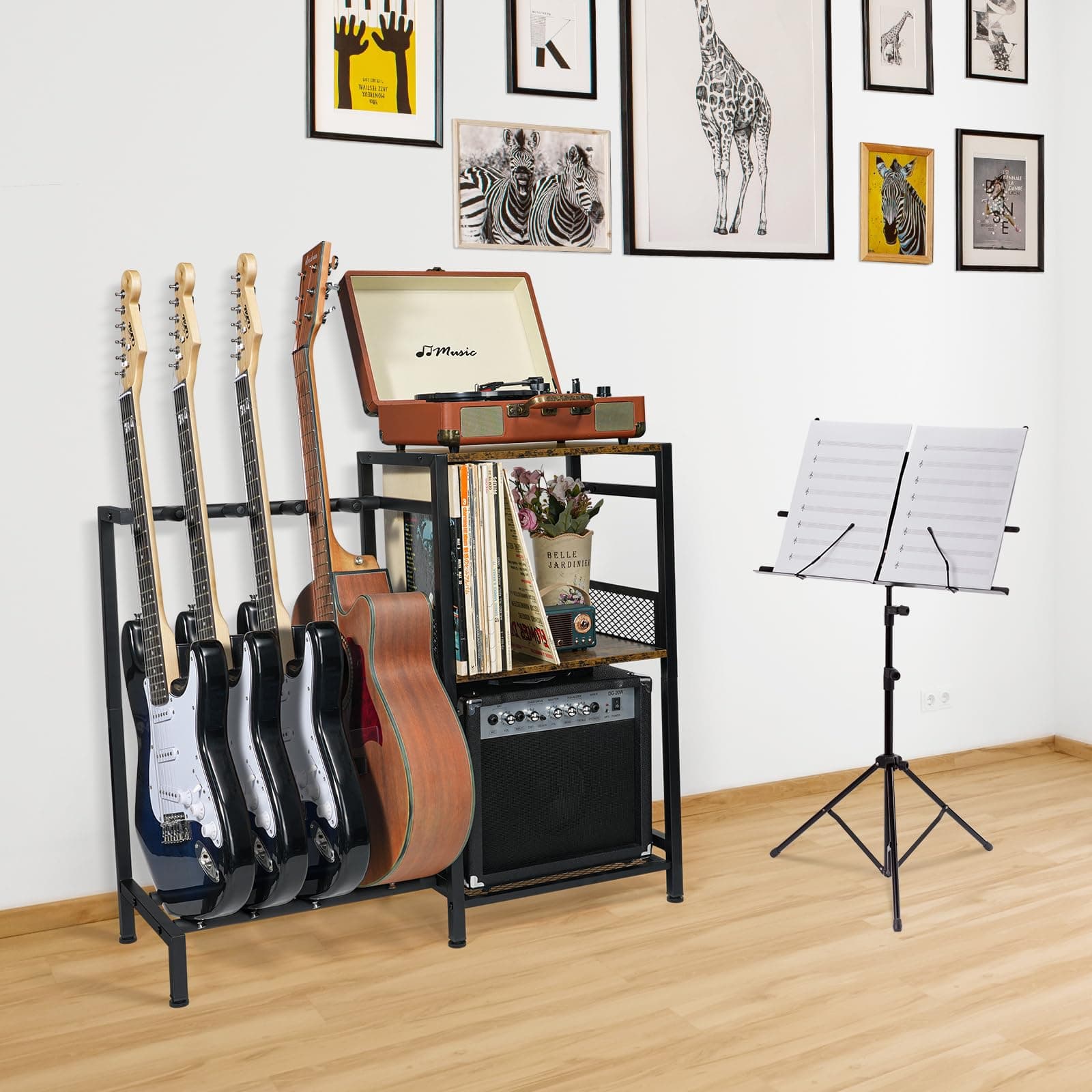 ikkle Guitar Stand for Electric Guitar and Bass with Vinyl Record Storage Holder, Guitar Rack for Multiple Guitars, Such As Acoustic, Bass, Electric & Guitar Case. ( 2 Installation Methods ) thumbnail 8