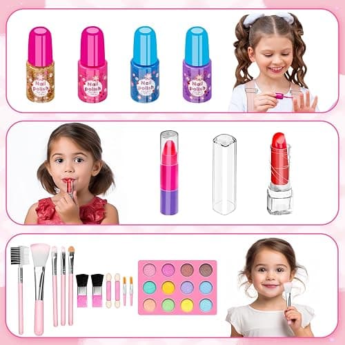 58Pcs Kids Makeup Kit for Girl - Real Washable Cosmetic Set with Light Up Mirror - Kids Makeup Sets for Girls -Play Make Up Birthday for Age 3 4 5 6 7 8 9 10 11 12 Years Old Kid -Pink thumbnail 4