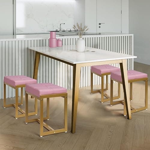 FLYZC Vanity Stool, Pink Small Vanity Stools Chair, Square Cushion Makeup Chairs for Vanity, Metal Foot Stool Ottoman Seat for Bedroom Makeup Living Room, Pink & Gold - Pink & Gold thumbnail 7