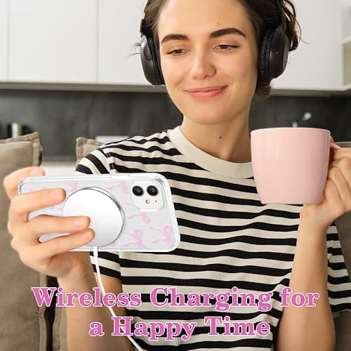UEEBAI Magnetic for iPhone 11 Case, Bow Case Compatible with MagSafe, Wireless Slim Clear Ribbon Aesthetic Phone Case Anti-Yellowing Shockproof Protective Cover for Women Girl - Pink - iPhone 11 - Pink thumbnail 7
