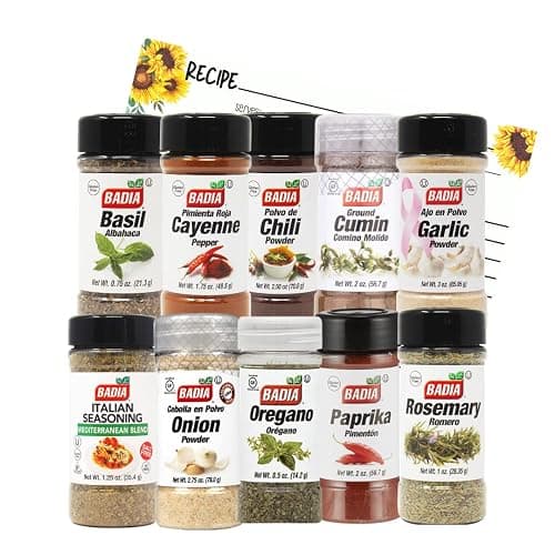 June Street Market New Kitchen Starter 10 Piece Gift Set with Basil, Cayenne, Chili Powder, Cumin, Garlic, Italian, Onion Powder, Oregano, Rosemary, Paprika and Blank Recipe Cards (style may vary) - Image 1