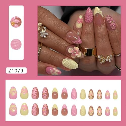 Tyuimhx 3D Flowers Press on Nails Short Almond Fake Nail with 3D Stripe Designs Pink Yellow French Tip False Nails Summer Full Cover Stick on Nail Acrylic Artificial Glue on Nail for Women 24 Pcs thumbnail 2