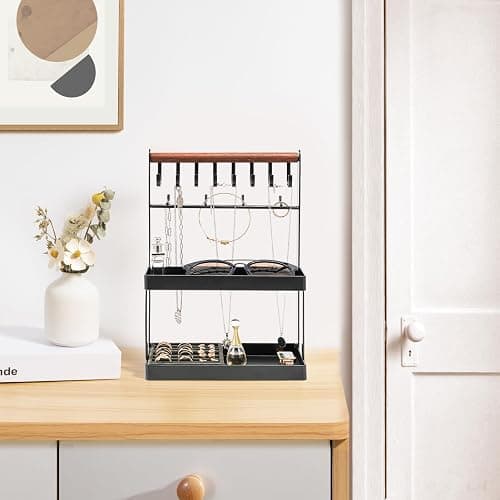 Lolalet 4-Tier Jewelry Organizer, Cute Necklace Holder Stand with 12 Hooks for Teen Girl Aesthetic Room Bedroom Decor -Black thumbnail 6