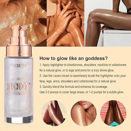 Body Shimmer Oil, Diamond Platinum Natural Glow Luminizer, Long Lasting Waterproof Moisturizing Liquid Illuminator Highlighter Makeup for a Sun-Kissed Glow, Brush Include, 1oz, Light Fair thumbnail 4
