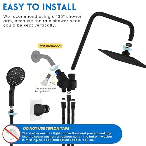 Ryamen Dual Shower Head Combo, 8'' High Pressure Rain Shower Head with Handheld Spray, 6 Settings Handheld Showerhead, 15" Height Adjustable Slide Bar, Angle Adjustable, Matte Black thumbnail 6