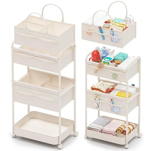 Baby Diaper Caddy, Premium Metal& Felt Movable Cart with Dividers for Newborn Nursery Essentials, Large Capacity Detachable Bedside Cart Organizer for Changing Table &Crib, Easy Assembly- Beige - Image 1