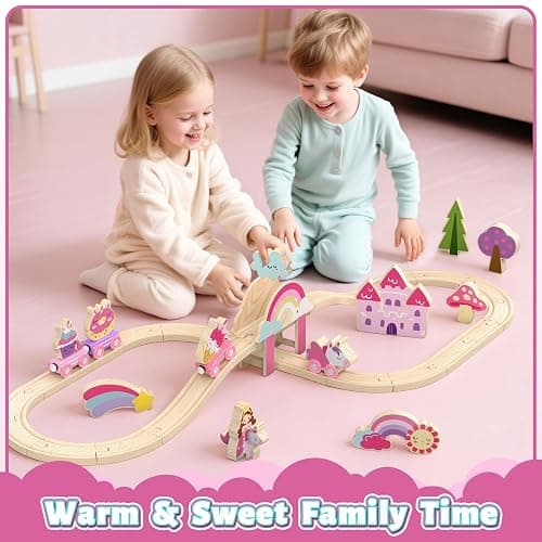 Lehoo Castle Wooden Train Set - Unicorn Train Set for Toddlers 2-4, Wooden Train Track Toddler Girl Toys, Pink Train Fantasy Toys for 3 4 5 6 7 Year Old Girl thumbnail 6