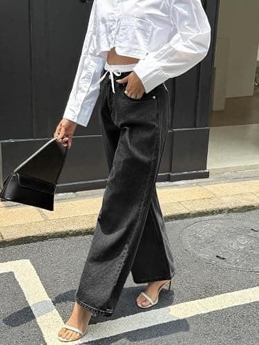 Cicy Bell Womens Wide Leg Jeans High Waisted Drawstring Color Block Patchwork Baggy Loose Y2K Denim Pants with Pockets thumbnail 3