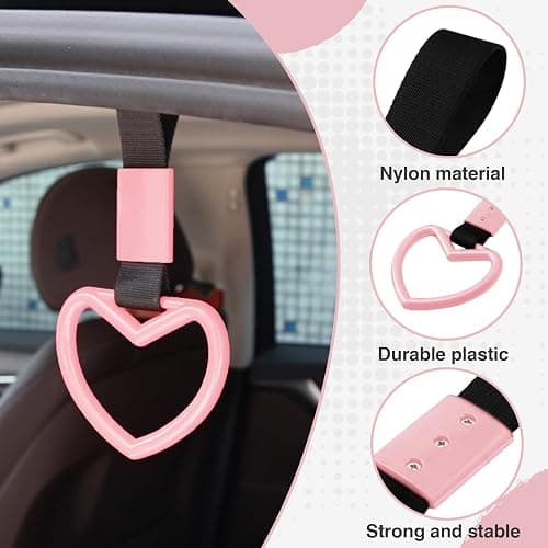 JRYEM 2PCS Heart Shaped Car Handle Straps, Rear Bumper Warning Keychain Ring with Drift Charm for Car Exterior Interior Accessories (Pink) thumbnail 3