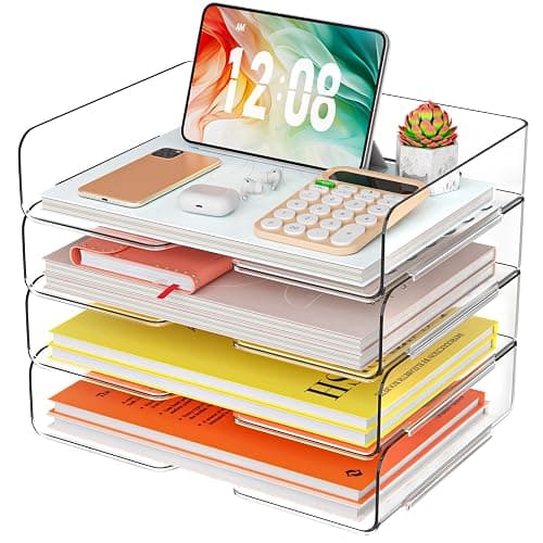 YKLSLH 4 Trays Paper Organizer Letter Tray - Acrylic Desk File Organizer, Stackable Clear Paper Holder Sorter Office Organizer for Letter/A4, Office File Ipad Books Notes Etc - Image 1