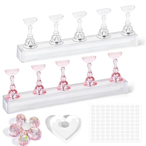 UPEOXT Nail Stand for Press on Nails, 2 Sets Acrylic Nail Holder for Painting Nails Gel, Magnetic Practice Kit with 1 Heart Base, 1 Flower Base, 100 Adhesive Stickers, DIY Salon Art Display Supplies - Image 1