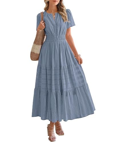 BTFBM Womens Summer 2025 Casual Midi Maxi Dresses Lightweight Short Sleeve V Neck Elastic Waist Boho Beach Dress Pockets - Image 1