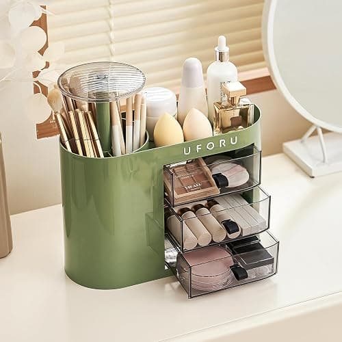 UFORU Makeup Organizer with Pop-Up Brush Holder for Dresser Vanity, Plastic Bathroom Counter Organizer with 3 Drawers & Dust-Proof Cover, Cosmetic Display Case for Lipstick, Skincare, Vintage Green - Image 1