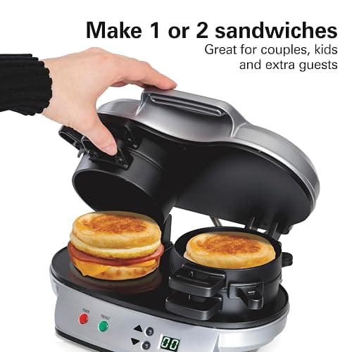Hamilton Beach Dual Breakfast Sandwich Maker with Timer, Ready in 5 Minutes, Removable Dishwasher Safe PFAS-Free Non-Stick Egg Cooker Ring, Silver (25490MNA) thumbnail 3