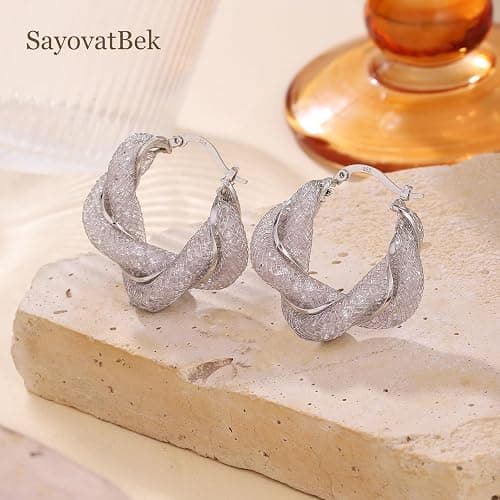 SayovatBek 14K Gold Plated 25–33mm Mesh Hoop Earrings for Women, Cubic Zirconia, 925 Sterling Silver Post, Hypoallergenic Jewelry thumbnail 5