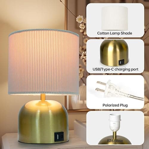 EOEYYOYB Table Lamp for Bedroom, Bedside Lamps for Nightstand, Minimalist Night Stand Light Lamp with Type-C and USB Ports, Modern Desk Table Lamp for Bedroom, Living Room, Dining Room, Office (Gold) thumbnail 7