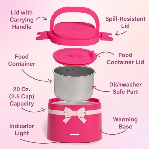 Paris Hilton Electric Lunch Warmer, 20-Ounce Stainless Steel Portable Food Container With Sealing Lid, Removable 2.5-Cup Inner Dish, Bow Front Decal, Hot Pink thumbnail 6