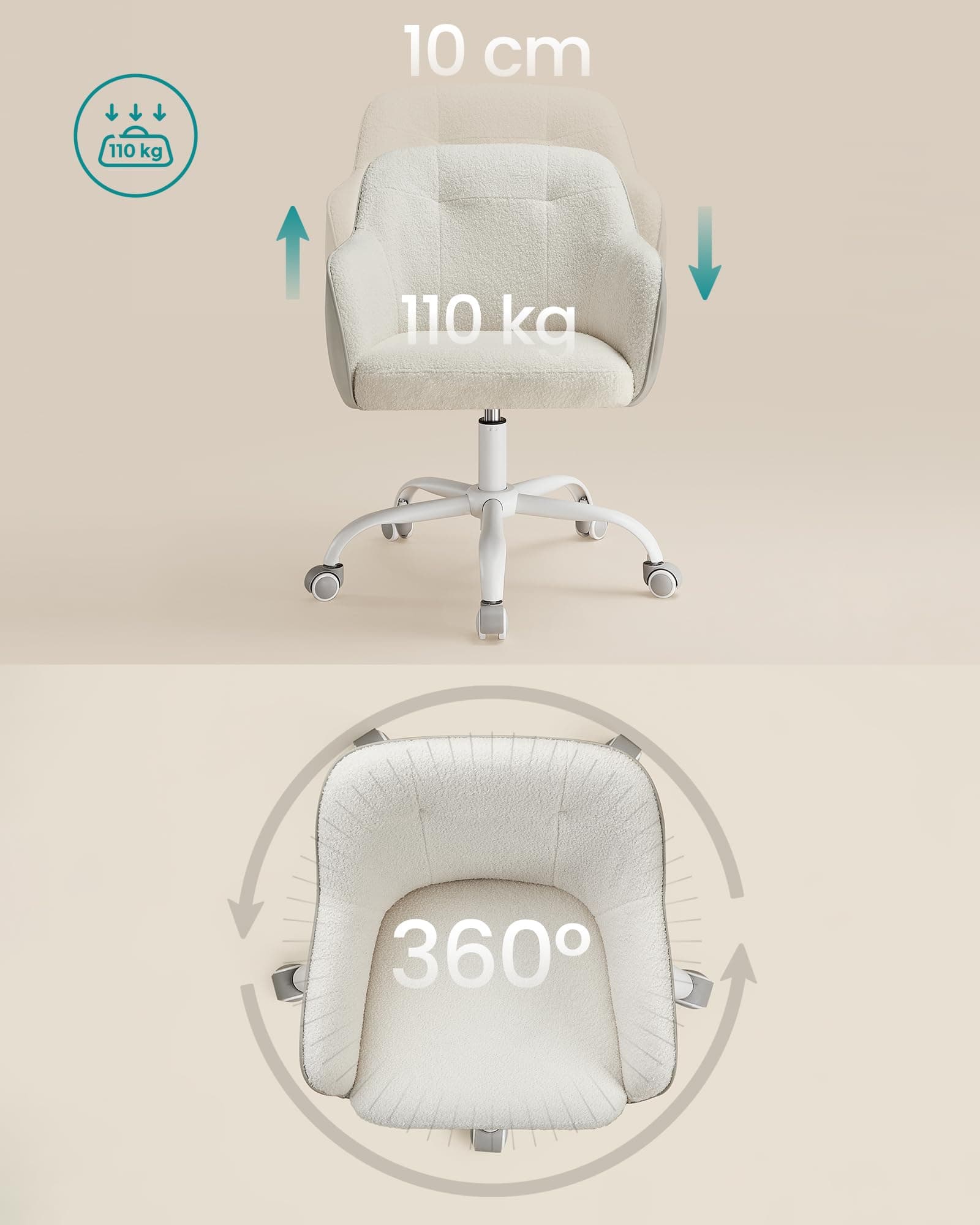 SONGMICS Home Office Chair Swivel Desk Chair Height Adjustable up to 110 kg Load Capacity Breathable Sherpa Fabric and PU for Study Room Bedroom Cappuccino Beige OBG019W01 thumbnail 5