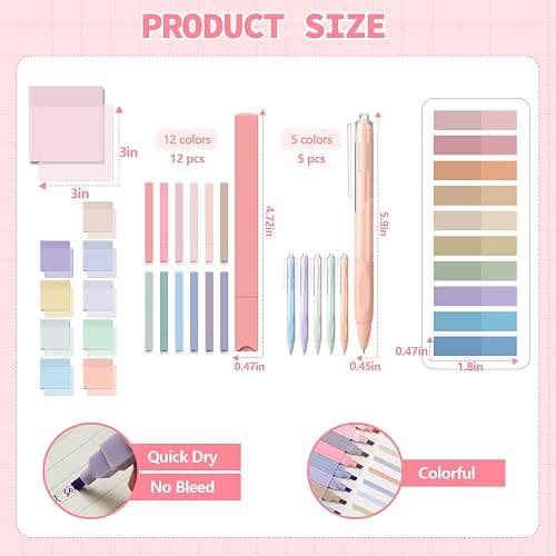 Jutom 39 Pcs Aesthetic Book Annotation Kit Highlighter with Pencil Case Bag Gel Pen 700 Sheets Transparent Sticky Note Index Tab Bible College School Supplies(Pink,Classic Style) - Pink - Classic Style thumbnail 4