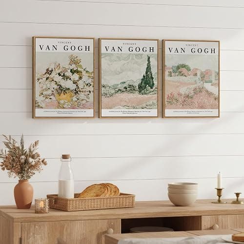Framed Van Gogh Wall Art Set of 3, Neutral Beige and Soft Pink Canvas Prints, Vintage Landscape and Floral Paintings for Living Room Bedroom Dining Room Entryway Decor, 12x16 Inch thumbnail 2