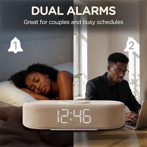 Lumoday Fabric Digital Alarm Clock for Bedroom, Wireless Charging, Beige | Wireless charging, USB-C port, dual alarm, 30-min snooze, dimmable display, ambient light, battery backup, bedside use thumbnail 2