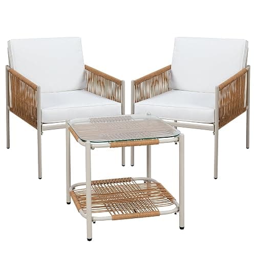 Shintenchi 3 Pieces Patio Furniture Set,Outdoor Patio Furniture Wicker Rattan Conversation Set,Including 2 Single Chairs with Cushion and Glass Coffee Table for Backyard,Balcony,Poolside(Beige) - 3 Pcs/Beige thumbnail 7