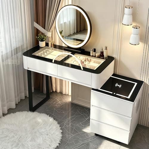 MJKCBD Moderne Coiffeuse avec Miroir à LED & 5 Tiroirs | 100cm Coiffeuse avec Table Transparente Lumineuse, 3 Couleurs, Parleur Bluetooth, Chargement Sans Fil / USB - Image 1