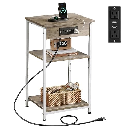 WLIVE Side Table with Charging Station and USB Ports, Small End Tables for Small Spaces, 3-Tier Nightstand with Adjustable Shelf, Bedside Tables, Living Room, Bedroom, Greige - Image 1