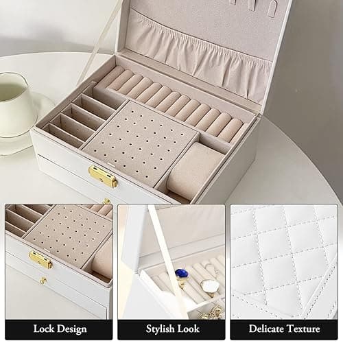TAVADA Scatola Portagioie,2 Livelli, Porta Gioielli Donna,Porta Gioielli da Viaggio Ragazza in Pelle PU,Idea Regalo,Inclusi 3 panni per lucidare l'argento,per Anelli, Orecchini, Collane,Bianco thumbnail 3