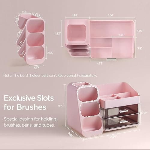 HBlife Makeup Organizer with Brush Holder for Vanity, Large Plastic Bathroom Countertop Organizer Skin Care Storage, Easy to Store Lipsticks, Nail Polishes, Perfumes, Eyeshadow Palettes, Pink thumbnail 3