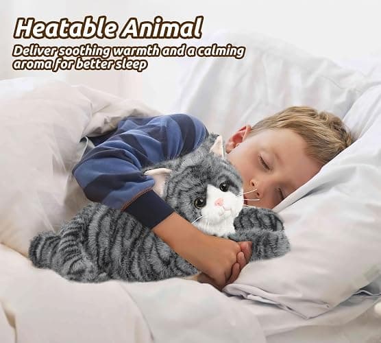 Gray Tabby Cat Stuffed Animals, Microwavable Stuffed Animal Adorable Fluffy Cat Plush for Warmth & Comfort, Heatable & Coolable Lavender Scent Cat Toys, Cute Soft Plushies Cat Gifts for Kids & Adults thumbnail 9