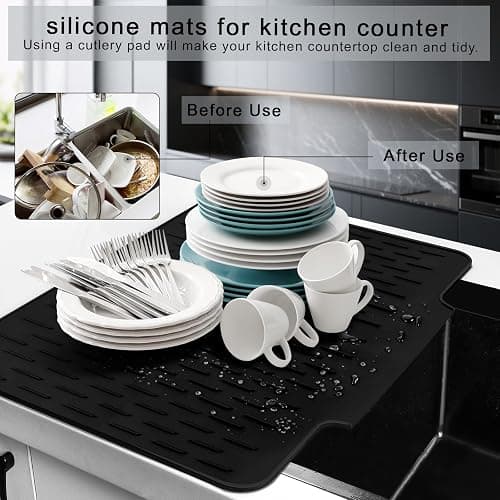 Silicone Drying Mat for Kitchen Counter，23"×18"drain mats for kitchen counter，dish drying rack ，dish drying mat large (black） thumbnail 5